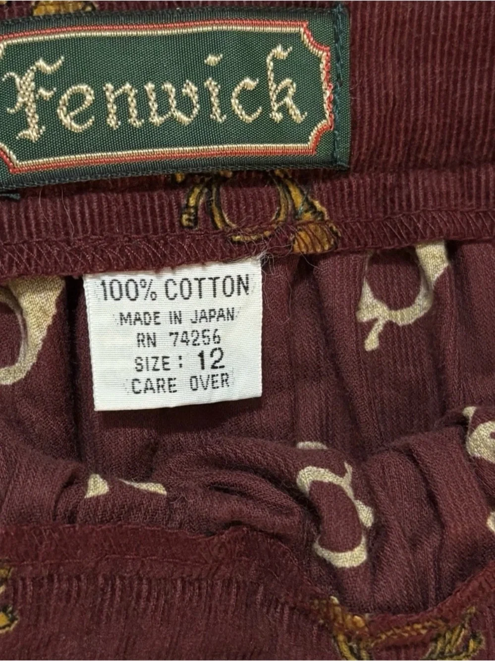 NWT Vintage Fenwick Corduroy Printed Pleated Midi Skirt Women Pocket Japan